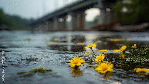 Yellow flowers on water under bridge