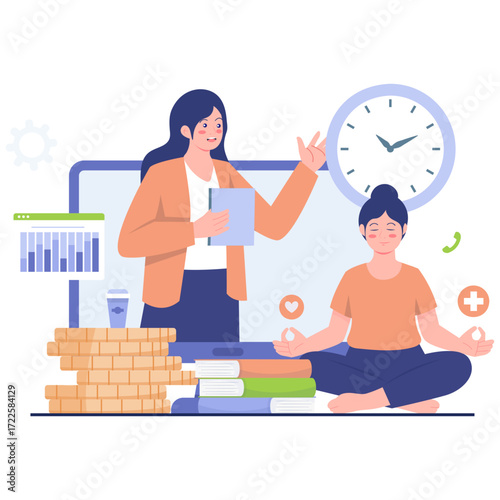 Two women interacting near a large screen with a clock