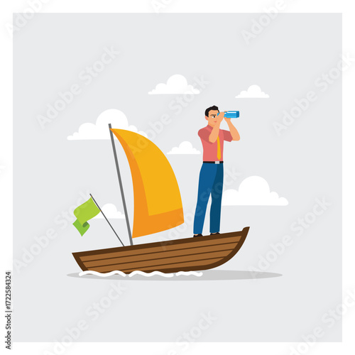 Exploration Searching. Man With Binoculars On Sailboat Searching For Opportunity And Vision.