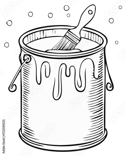 Sketch of paint can with drips and brush inside, for coloring page or illustration purposes