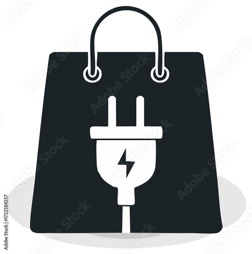 Shopping bag silhouette with electric plug symbol, concept of renewable energy and sales.