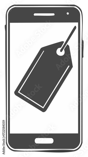 Mobile phone with hanging price tag icon representing online shopping and deals