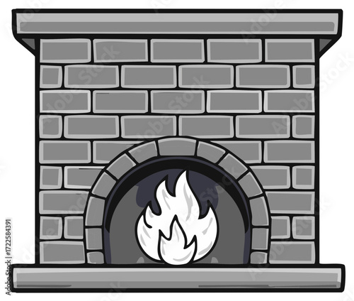 Classic grey brick fireplace with a stylized white flame burning brightly in the arched firebox a cozy home element illustration