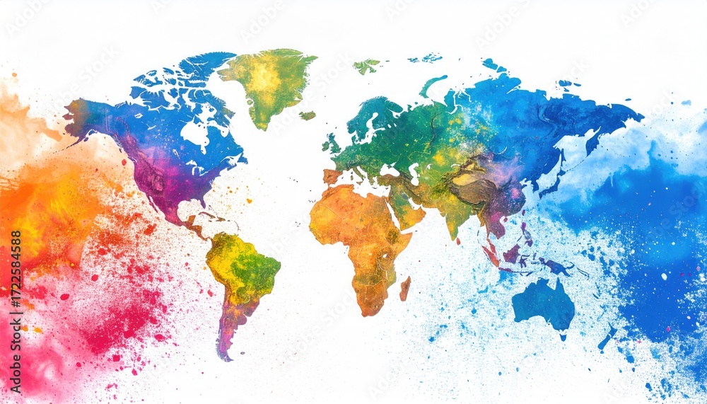 Fototapeta premium Multicolor powder burst forming a world map, symbolizing global unity and cultural diversity 