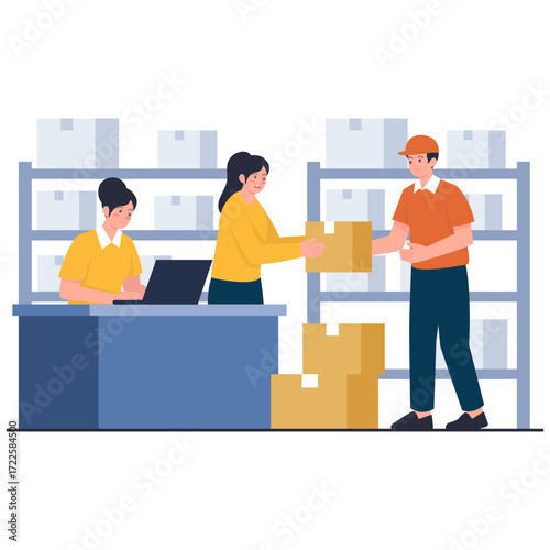 Warehouse workers packing boxes on shelves with desk