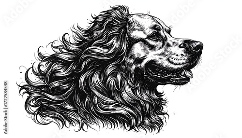 Detailed monochrome profile of a longhaired canine, windswept mane