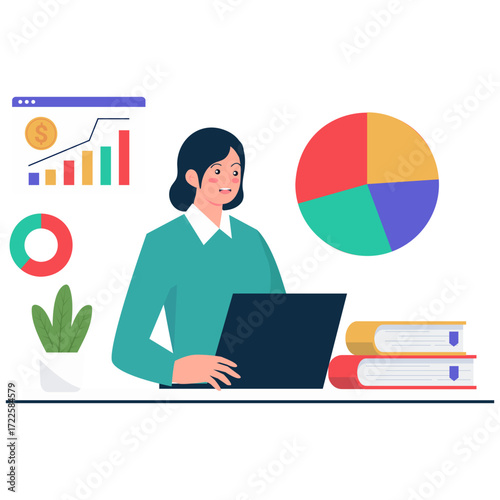 Woman at desk with laptop charts and books