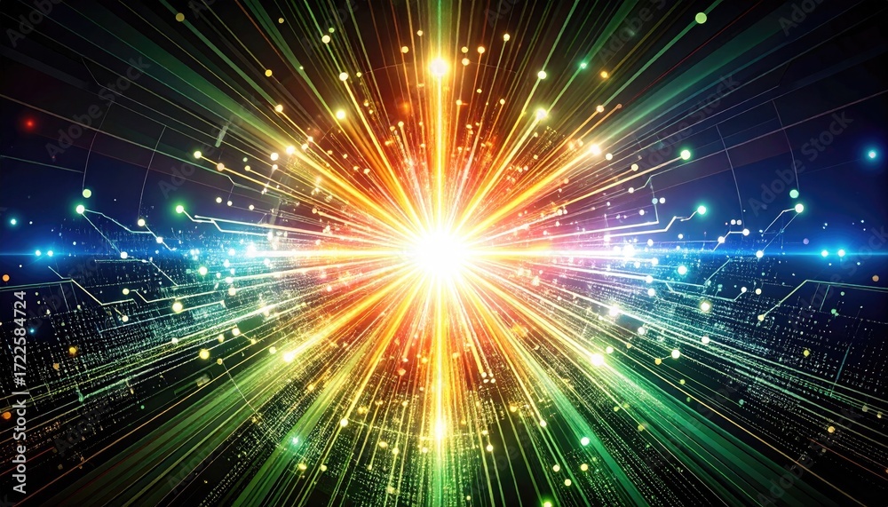 Obraz premium Dynamic color explosion blending into digital circuit lines, symbol of technology and innovation