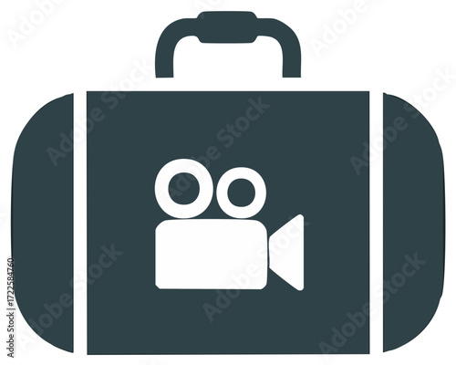 Dark Blue Suitcase Graphic Icon with White Camera Symbol, Travel Film Production Baggage