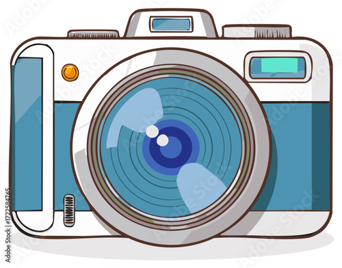 Vintage blue and white photo camera with large lens, cartoon vector illustration