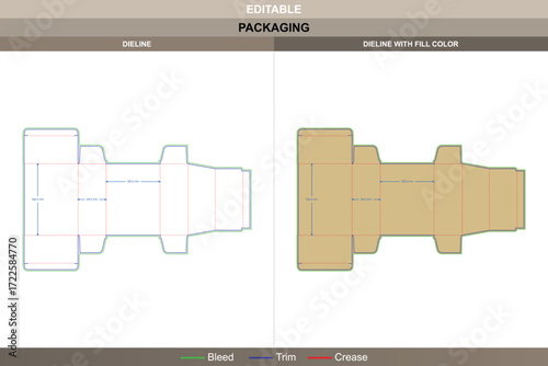 Reverse tuck end box packaging template in custom dimensions featuring professional carton dieline and editable structural die line for packaging production