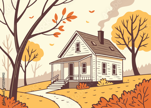 Rustic Autumn Cottage with Trees and Rolling Hills in Fall Colors Keywords: autumn, fall, house, home, cottage, dwelling, residence, building, chimney, smoke, steam, leaves, trees, nature