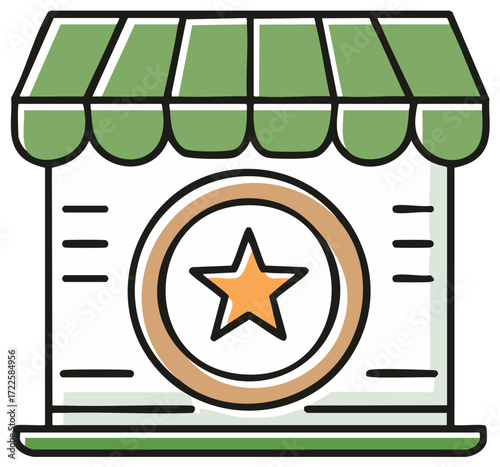 Storefront icon with a star rating symbol for customer review and quality business