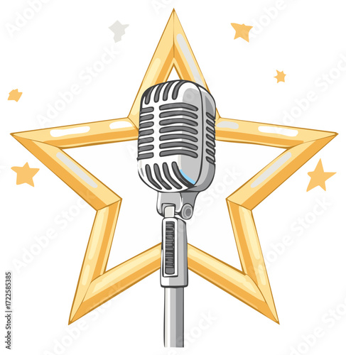 Vintage microphone and Golden Star frame, Karaoke night concept, music instrument