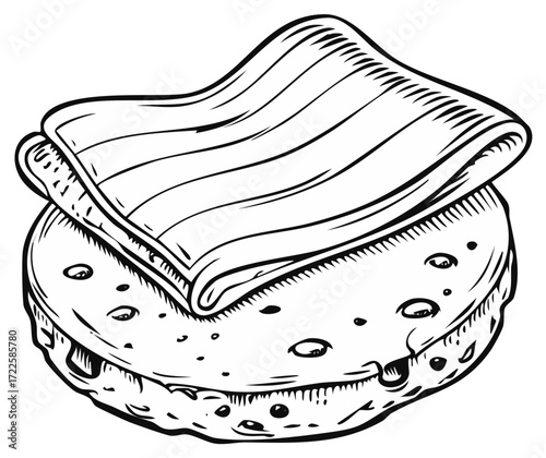 Hand-drawn illustration of a stacked flatbread sandwich with layers of filling