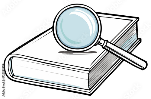 Magnifying glass over an open book illustration for research and discovery