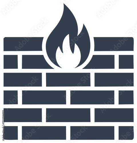 Firewall Illustration: Protecting Network Security with Brick Wall and Flame Icon for Cyber Safety and Digital Security