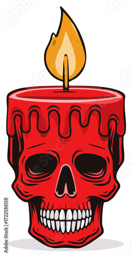 Burning Red Skull Candle with Dripping Wax and Warm Bright Flame Vector Illustration Art