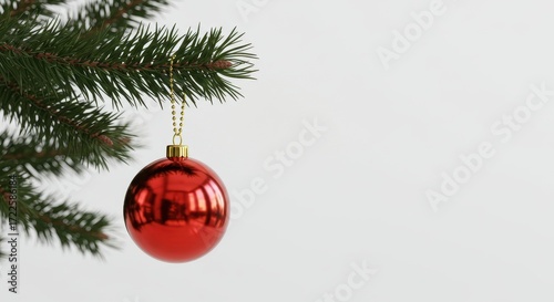 Red Christmas Ornament Hanging from Evergreen Branch with Soft White Background for Holiday Decoration Inspiration