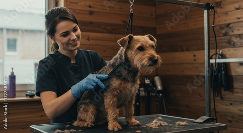 Professional dog grooming session in cozy salon with groomer and client dog enjoying a pampering experience