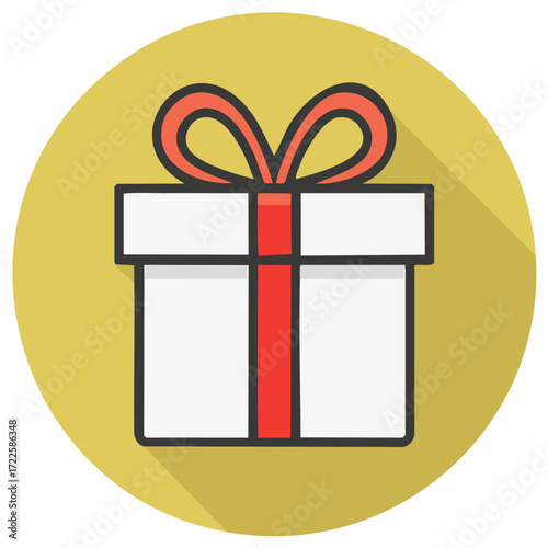 A flat design icon of a white gift box with a red ribbon and bow on a golden yellow circle background