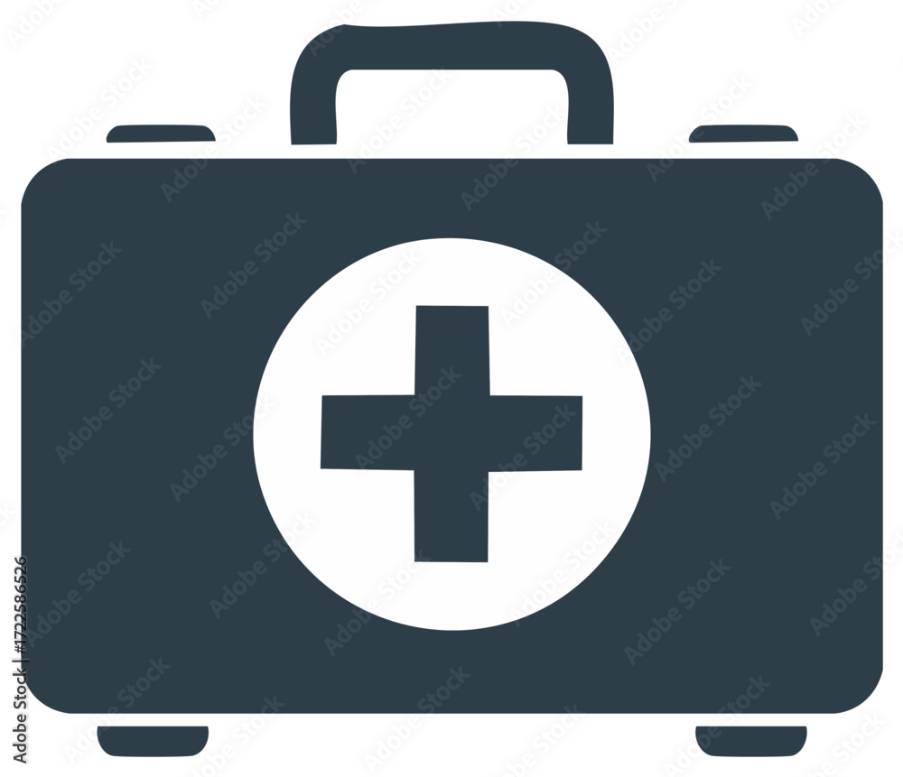 Obraz premium Dark Blue First Aid Kit Icon with White Medical Cross Symbol for Emergency Healthcare