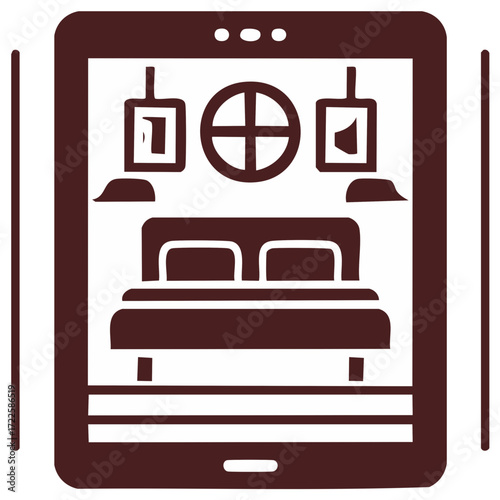 Digital tablet displaying contemporary bedroom interior design illustration