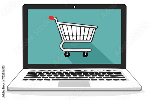 Laptop computer displays a shopping cart icon symbolizing online shopping and e-commerce