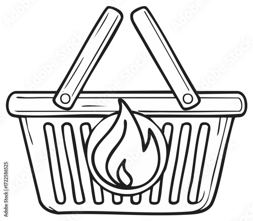 Monochrome vector icon of a grocery basket featuring a flame graphic for trending sales and hot product offers