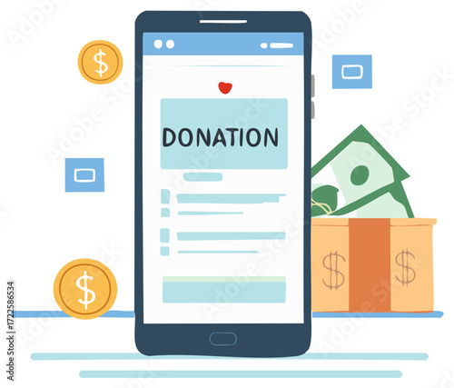 Smartphone app displays donation screen with coins, cash, and donation box symbolizing online giving.