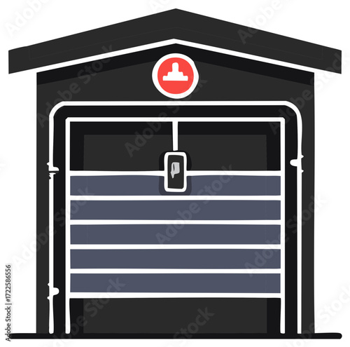 Dark Graphic Garage Door with Security Sign above Entrance Opens Vertically