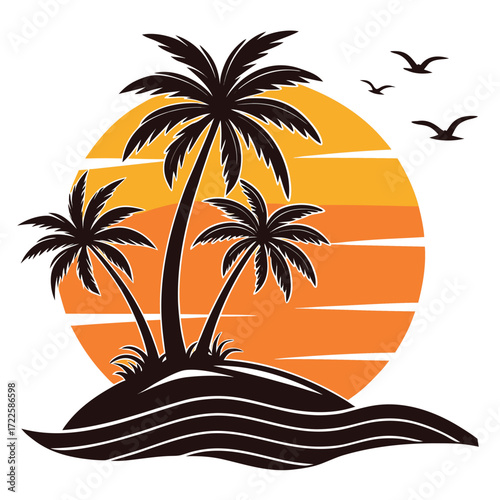 Tropical Island Palm Trees Silhouette Against Striped Sunset and Flying Birds vector illustration