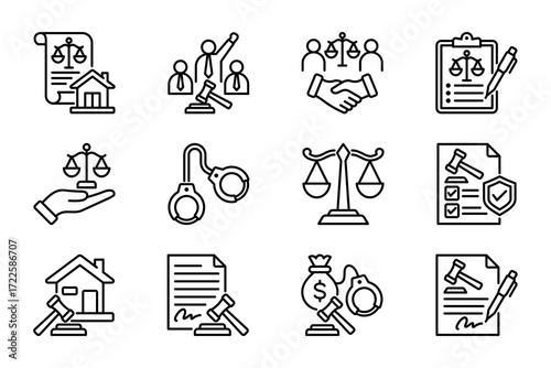 Law icons set on white background. Symbol of law, bail, dispute, legal document, and justice. Set vector of law icons line editable stroke