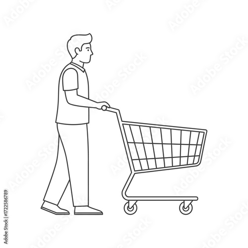 Man pushing shopping cart customer commerce retail store purchase groceries vector