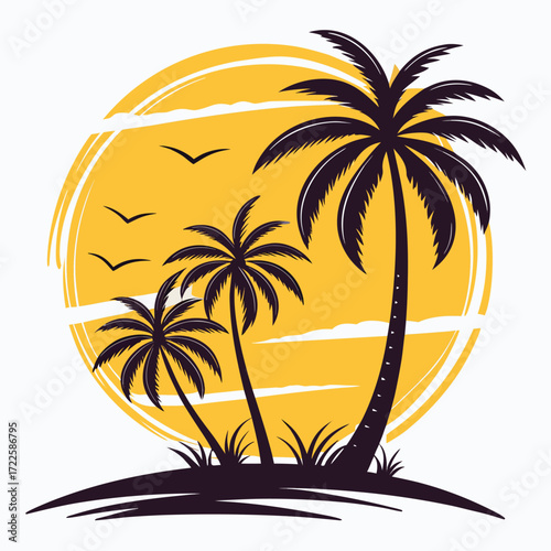 Tropical Island Palm Trees Silhouette Against Yellow Striped Sun and Flying Birds vector illustration