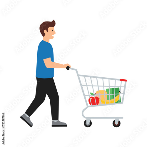 Man pushing shopping cart full of groceries everyday lifestyle vector