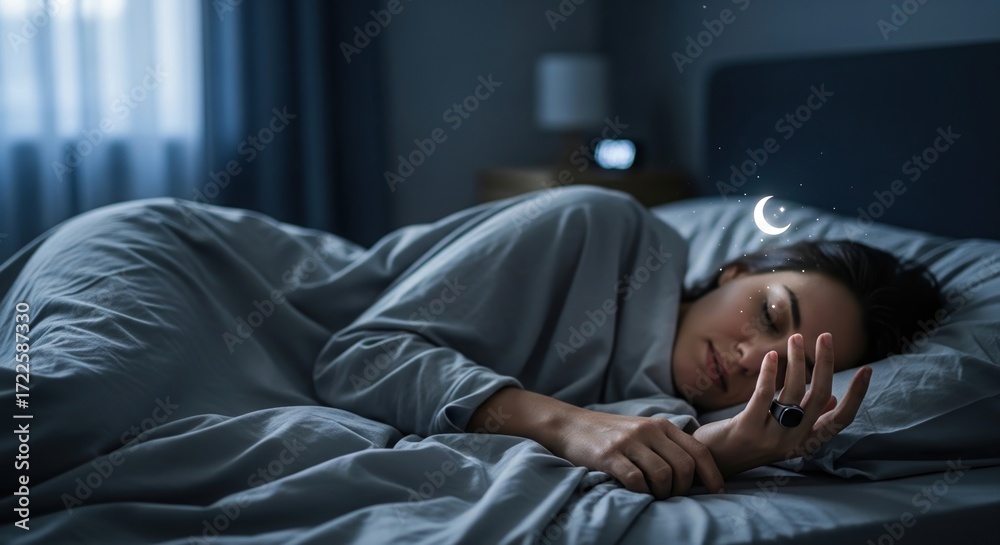 Obraz premium Futuristic smart ring displays health data while user sleeps peacefully in a modern bedroom