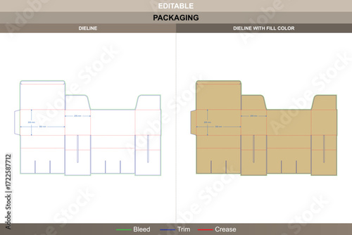 Six pack carrier box packaging template with compartments for bottles including detailed carton dieline and structural die line for retail packaging
