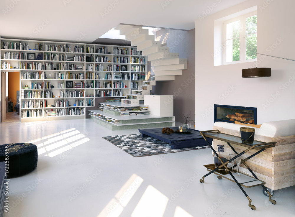 Fototapeta premium 3D rendering of a modern living room with a large home library. Contemporary interior with a bookshelf wall and spiral staircase. Luxury architectural design.