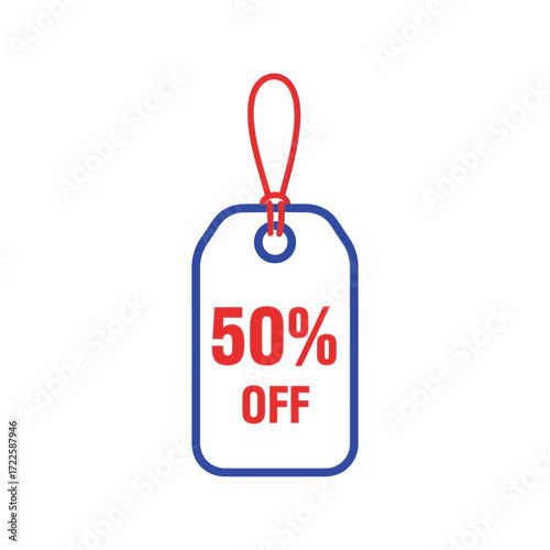 Fifty percent off sale tag with red string for discount promotion vector