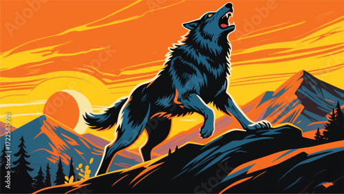 Wolf Wildlife In Mount Illustrator Artwork Banner Background Design Template 