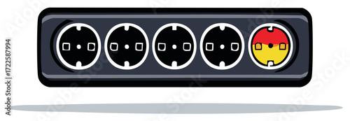 Illustration of a power strip with european sockets, one colored, power and electric concept.