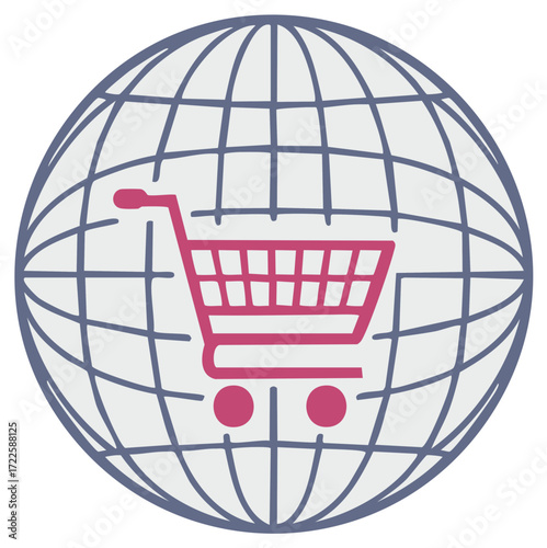 Shopping cart overlay on a stylized globe depicting global commerce and online retail
