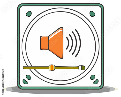 Cartoon style audio speaker illustration with sound icon and volume slider control