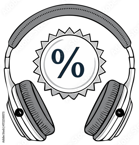Headphones with percentage discount sign for promotion audio sale deal