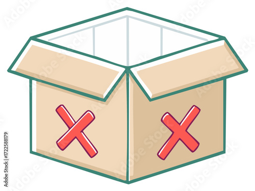 Empty cardboard box featuring bold red X symbols for error warning or rejection concept