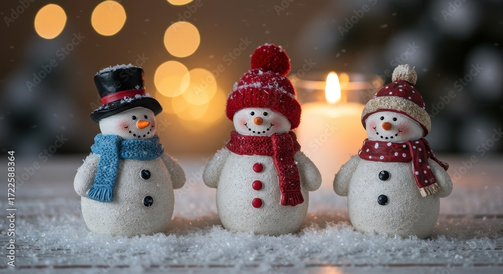Fototapeta premium Three Charming Snowmen in Cozy Hats and Scarves Surrounded by Soft Bokeh Lights in Winter Wonderland Scene