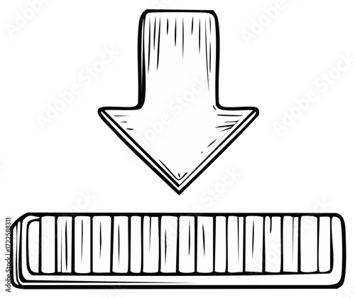 Sketch drawing of a downward arrow pointing to a progress bar for data download