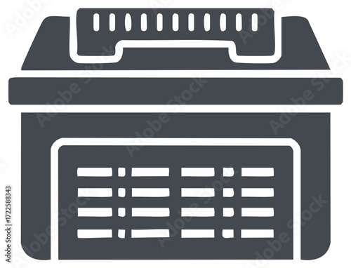 Stylized gray storage container, tool box vector icon with a handle and horizontal grid