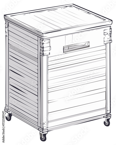 Hand-drawn sketch of a rolling storage cabinet with slatted sides and a pull handle